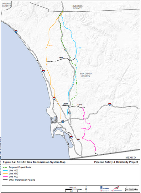 San Diego Natural Gas Pipeline Project Photo - SDG&E Gas Transmission System Map (click to view larger)